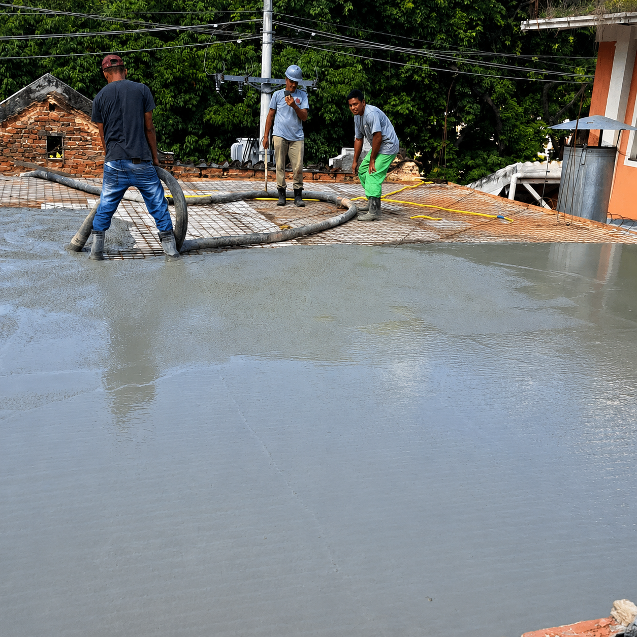 Equipe aplicando e nivelando concreto em laje